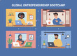 © Aira - Diverse entrepreneurs from different global locations participate in a 'Global Entrepreneurship Bootcamp' online, collaborating via laptops and video calls.