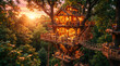 © VectorBloomX - Illuminated multi-level treehouse retreat surrounded by dense forest at sunset, featuring wooden decks and suspension walkways, ideal for travel, architecture, eco-living, and hospitality concepts.