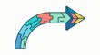 © Dizzi - Ilustración vectorial de una flecha curva compuesta por piezas de rompecabezas coloridas, simbolizando estrategia, conexión, resolución de problemas y progreso en un diseño moderno y plano.