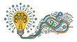 © Rozzie - Ilustração vetorial de uma lâmpada acesa conectada a um circuito eletrônico complexo com engrenagens e linhas de conexão, representando criatividade, tecnologia e inovação em design plano.