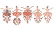 © LeNo - Set di illustrazioni vettoriali di ballerine in pose classiche con gonne in tulle e decorazioni geometriche astratte in tonalità rosa e marrone su sfondo bianco isolato