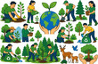© Md Mithu Mia - Vector Set of Eco Volunteers Planting Trees, Recycling Bins, Caring for Saplings, and Cleaning Nature with Hands and Tools