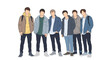 © Thabo - Group of six young men standing together wearing casual autumn and winter clothing like jackets, hoodies, and boots.