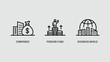 © ALBART - Set of three minimalist business and finance line icons representing companies, pension fund, and global business world concepts