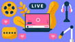 © Fendi - A person enjoys live streaming on a laptop with film reel, microphone, and chat bubbles