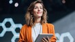© SynthiView - Confident businesswoman holding a tablet and looking up with a smile, ready for success