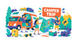 © Svitlana - Camper Vacation wide panoramic website header banner with 3 expressive stylized travelers loading oversized campervan and giant folded travel map stretching edge to edge, with suitcase, camera, picnic