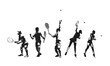 © michalsanca - Tennis players in action, isolated vector illustration of male and female athletes performing different strokes, serves and playing poses. Black sports silhouettes. Group of men and women