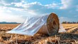 © Sri - A large round hay bale partially wrapped in clear plastic film sitting on a harvested agricultural straw field under a bright blue sky with white clouds in summer