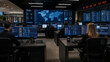 © MdEmajuddin - Professional cybersecurity team members monitor global network threats and data intelligence in a modern dark control room