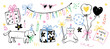 © MariAshma - Vector illustration of happy birthday party doodle clipart set. Cute dachshund dog and teddy bear banner bundle with gift boxes, balloons, garland, and make a wish card.