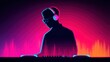 © Peter@studio5 - Silhouetted DJ wearing headphones performs against a vibrant neon backdrop with colorful soundwave visuals.