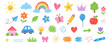© aura studio - Cute kid crayon line icon set with hand drawn flower, heart, star, rainbow and cloud. Pastel pencil doodles for children, school, kindergarten and playful backgrounds. Vector illustration