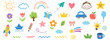 © aura studio - Hand drawn children crayon doodle set with cute flower, heart, star, cloud and rainbow line icons. Colorful pastel pencil sketches for school and kindergarten designs. Vector illustration