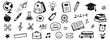 © aura studio - Back to school chalk doodles on blackboard with hand drawn education icons, books, science symbols, stationery and cute classroom elements in charcoal crayon vector style