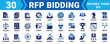 © SIMUL - Set of 30 business icons for rfp bidding process and project management in blue and black style Minimal solid fill icon set bundle collection. Editable Vector Illustration Mega pack