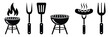 © GIBBI RWW - BBQ grill icon with barbecue tools, spatula, grill fork, picnic fire, clean black and white vector illustration for food graphics