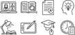 © Noyon - Online education and e-learning vector line icon set featuring virtual classroom test grades creative thinking digital tablet and graduation cap symbols