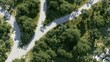 © Hasan - Elegent photo of Aerial view of a Y-shaped fork in a paved forest road surrounded by lush trees. Represents decision making, life paths, and choice in nature.