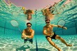© Vadym - Two happy men play badminton underwater in swimming pool. Friends wear white goggles holding rackets submerged beneath blue water surface. Funny male duo enjoy active sport leisure during summer