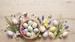 © Haniya - Easter eggs in a nest with spring flowers on a wooden background for seasonal holiday design