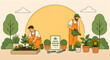© Abdelati - Men in overalls gardening and watering potted plants. Urban gardeners tending to greenery under a bright sun. Growth and sustainability concept, ideal for plant care blogs and eco marketing.