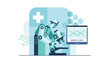 © Abir - Advanced robot scientist using a microscope to analyze genetic data and DNA structures in a modern medical laboratory.