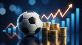 Sports investment concept with golden coin stacks, a soccer ball, and glowing economic data charts.