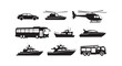 © mk - Set of black and white transportation icons featuring a car, bus, helicopters, boats, and a fire truck on a white background.