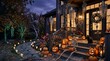 © Fathia A.M. - Spooky Halloween Decoration Scene with Illuminated Pumpkins, Skeleton Figure, and Hanging Ghosts on a House Porch