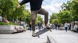 Young Skater Performing an Impressive Ollie Jump on a City Pedestrian Walkway During Daytime