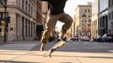 Skateboarder performing mid air jump on sunny city street urban lifestyle action