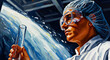 © PETROSYAN ARAM - Female scientist holding test tube in lab. Researcher wearing goggles conducts medical experiments in oil painting style. Biotech discovery theme for healthcare and science marketing.