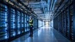 © Arpana - A data center worker reviews a tablet while standing in a long, clinically cool aisle of towering server racks illuminated by bright blue LED lights.