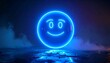 © warsim - Glowing blue neon smiley face icon in a dark, atmospheric environment with digital particles and smoke, representing digital communication and emotion