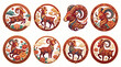 © hadi - Ornate vector illustration set featuring decorative ram zodiac symbols with traditional chinese floral patterns and vibrant red golden artistic elements