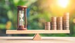 © nanskyblack - Hourglass and stack of coins balanced on wooden seesaw representing time and money concept