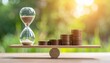 © nanskyblack - Hourglass and stack of coins balanced on wooden seesaw representing time and money concept