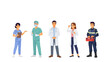 © adobe stock  - Five cheerful people standing together holding mobile phones in casual modern setting Vector