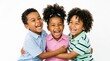 © Faiz - Group of Three Happy African American Children Laughing and Hugging Each Other with Joy, Expressing Genuine Friendship and Childhood Happiness on White Background
