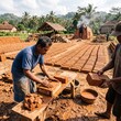 © Lulu - Skilled manual laborers crafting traditional clay bricks by hand in a rural outdoor workshop setting surrounded by lush tropical greenery and smoky kilns