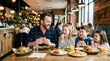 © Firdaus - Joyful father with three young children enjoying delicious burgers and fries at a vibrant restaurant table, sharing laughter and bonding over a casual family lunch in a warm and cozy atmosphere today!