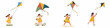 © Tono - Collection of illustrations featuring a happy little girl in a yellow dress flying colorful kites in various outdoor scenes.