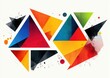 © Rgrd - dynamic arrangement of colorful overlapping triangles and angular polygons with paint splatters on a textured white background, energetic and playful abstract composition