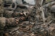 © Fotograf - A person struggling to fix his vehicle in a messy environment, ideal for use in stories about perseverance or overcoming challenges