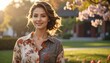 © saxti - Beautiful Young Woman Smiling Radiantly in a Sunlit Spring Garden Setting for a Natural Lifestyle Portrait