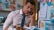 © Maksym - Single father in business casual attire simultaneously packing school lunch, signing permission slip pinned to refrigerator, and holding phone to shoulder during morning rush, kids' artwork covering