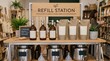 © Nurita - A mockup of a refill station with bottles and bags on a wooden table in a store