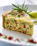 A slice of vegetable and herb frittata garnished with fresh rosemary on a white plate, showcasing a colorful mix of ingredients baked in an egg base.