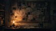 © Dzianis - Detective conspiracy board with photos, maps, notes and red strings connecting clues in a dark office illuminated by a vintage oil lamp